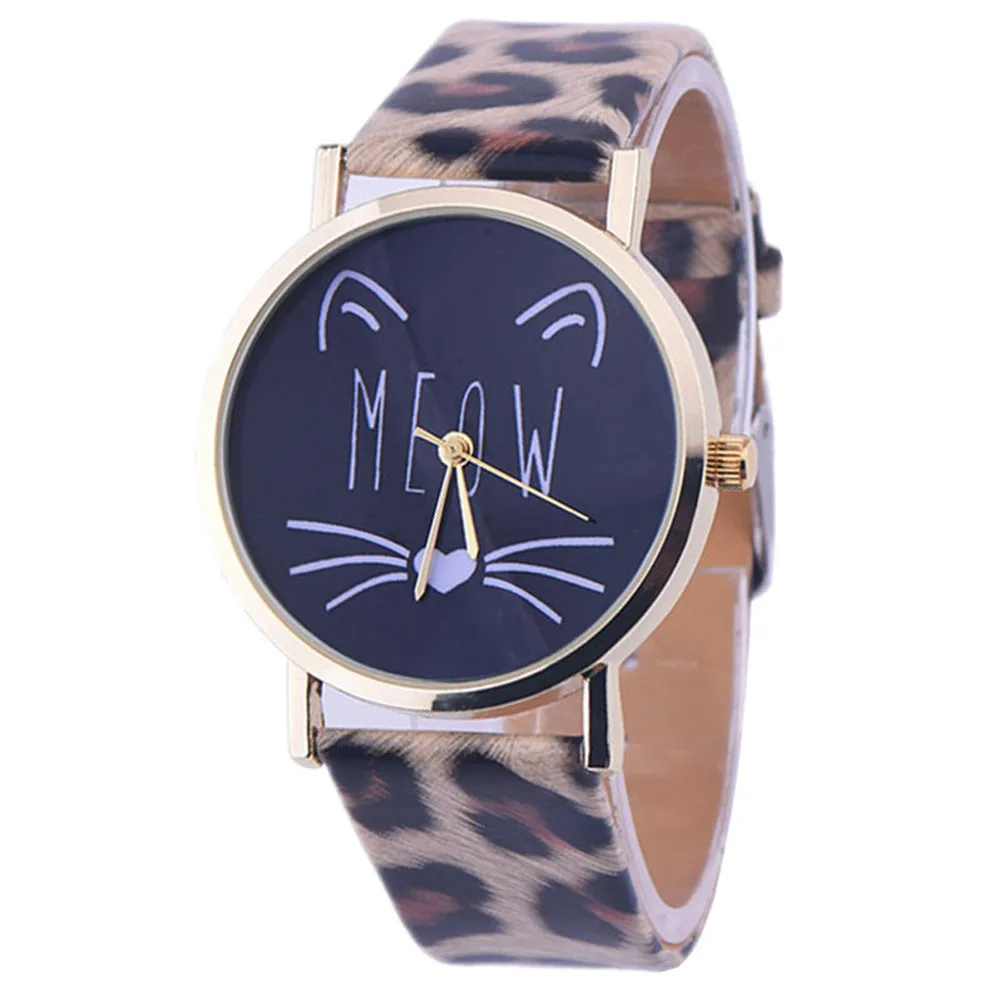 Xiniu часы с милым мультяшным котом Женские повседневные Аналоговые кварцевые наручные часы из искусственной кожи