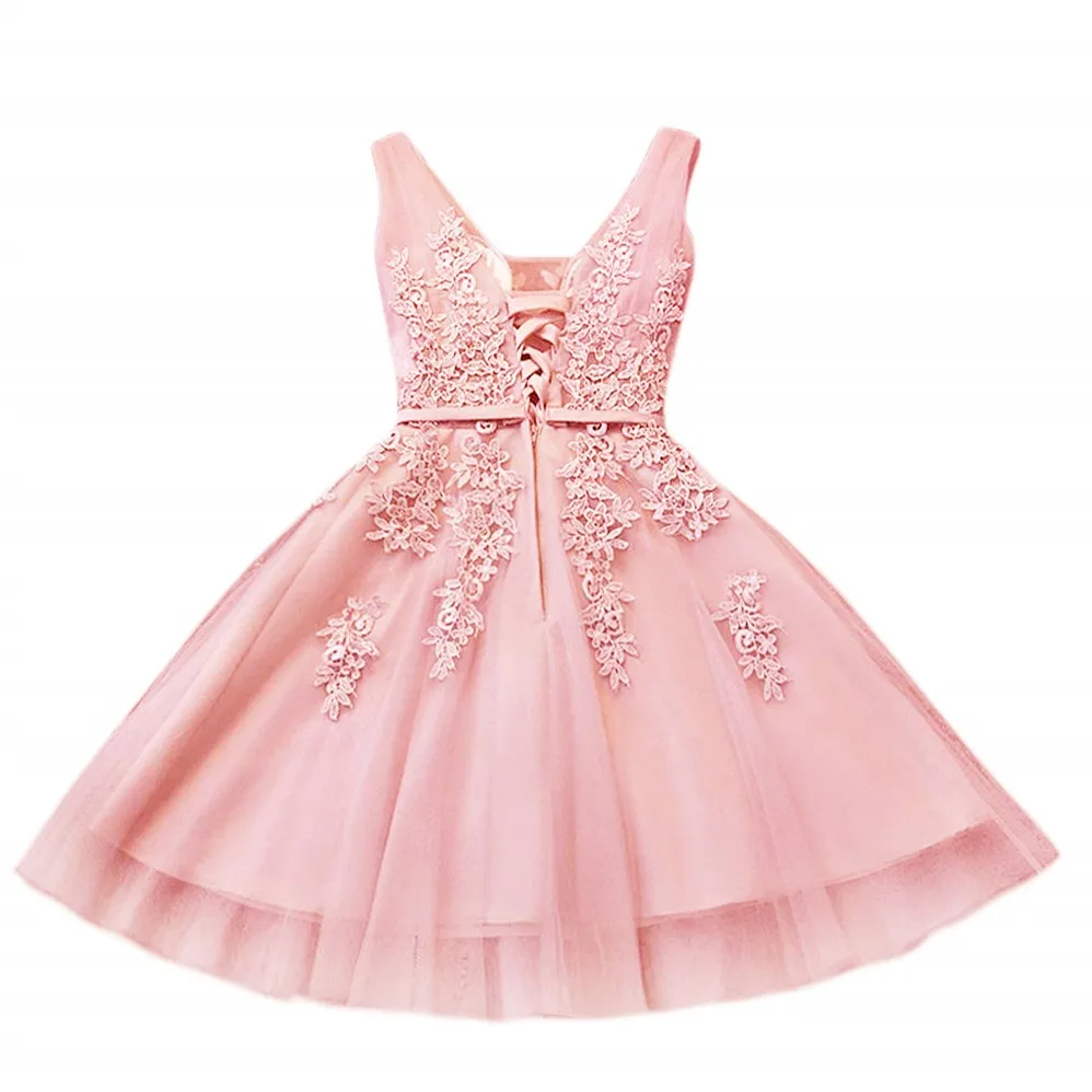 Короткие Розовые платья для выпускного вечера элегантное ТРАПЕЦИЕВИДНОЕ кружевное платье с аппликацией с двойным v-образным вырезом без рукавов vestidos de gala настоящая фотография - Цвет: Pink