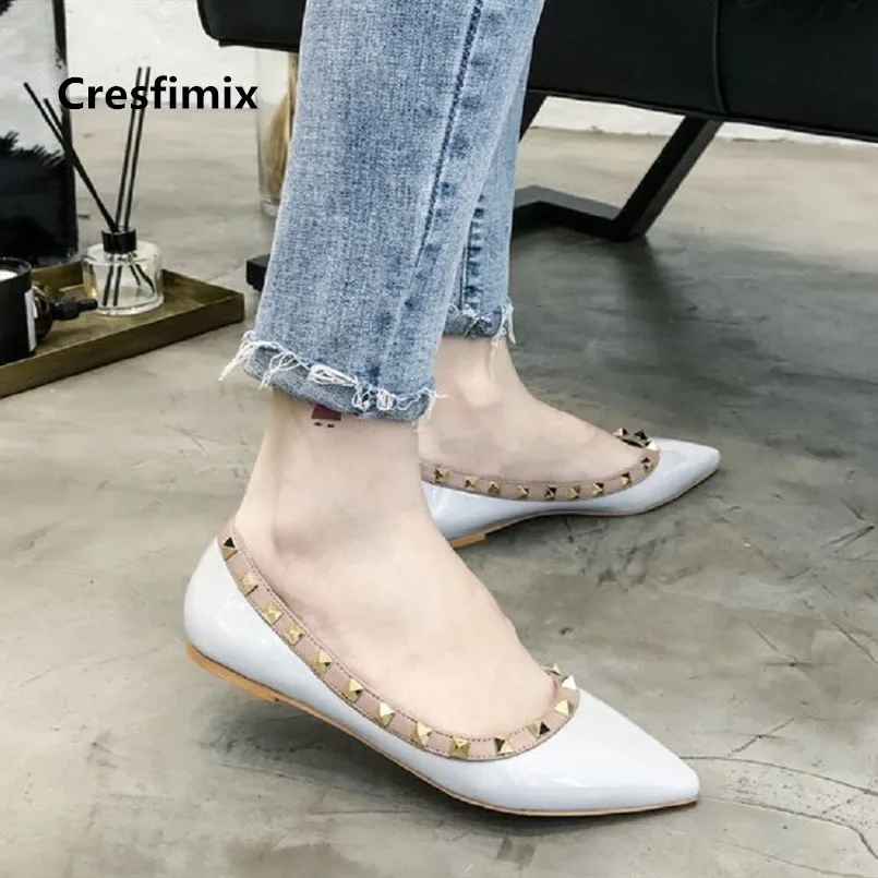 

Cresfimix zapatos de mujer women fashion party rivet slip on black pu leather flat shoes lady cute sweet spring shoes a3064
