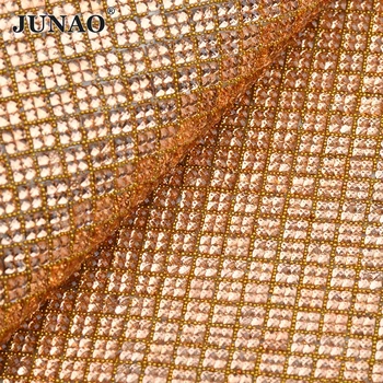 

JUNAO 24*40cm Champagne Self Adhesive Rhinestones Fabric Hot-Fix Crystal Mesh Trim Resin Strass Banding Sheets For DIY Clothes