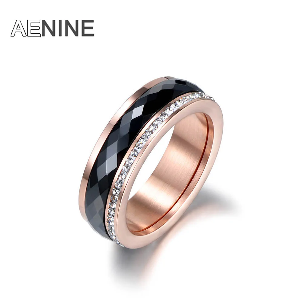 

AENINE Classic Titanium Steel Black Ceramics Wedding Rings Jewelry Rose Gold Cubic Zirconia Engagement Rings For Women AR18013