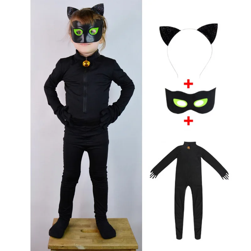 

Kids Black Cat Noir Cosplay Costume Fantasia Ladybug Jumpsuit / wig For PURIM Boys girls Adrien Marinette Superhero Cosplay