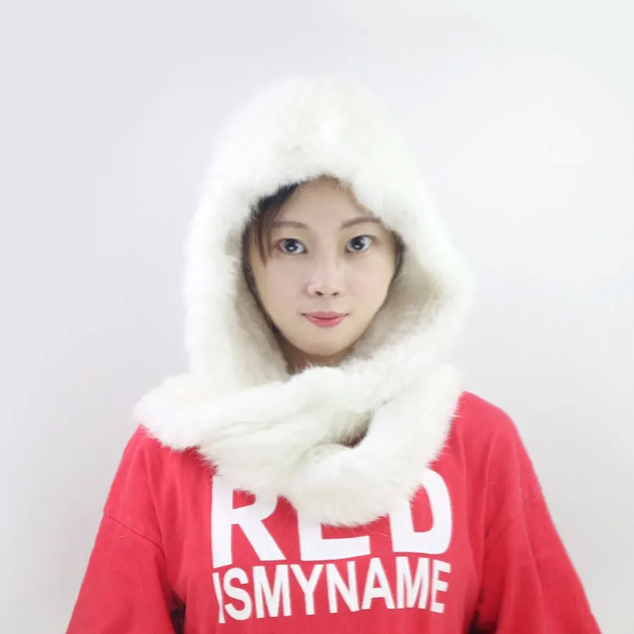 

2019 Women Winter Knitted Real Rabbit Fur Hat Scarf Cap Scarves hood shawl High Quality Natural Fur Poncho
