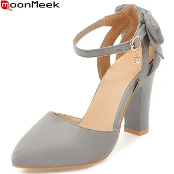 

MoonMeek black gray fashion spring autumn pumps shoes woman pointed toe shallow elegant buckle thin heel shoes plus size 33-46