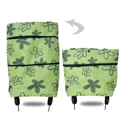 Folding Shopping Bag Women's Portable Buy Vegetables Trolley Bags On Wheels The Market Big Pull Cart Shopping Bags For Organizer - Цвет: Green leaves