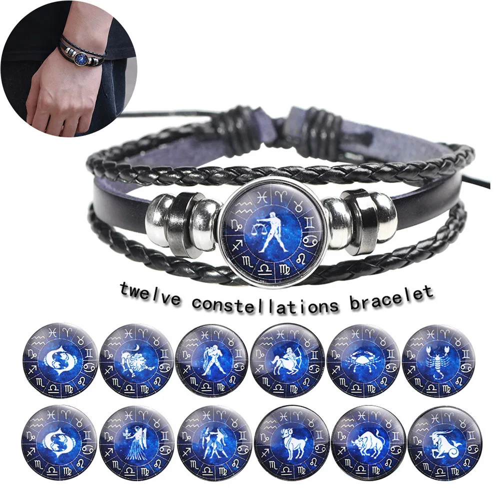 

Fashion Bracelet Men Women Constellation 12 Zodiac Sign Bracelets Punk Woven Leather