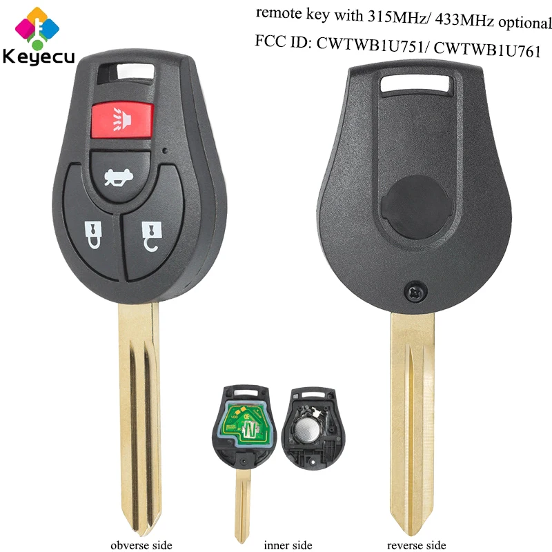 KEYECU сменный дистанционный ключ-3 + 1/4 Btns и 315MHz/ 433MHz ID46 чип-FOB для Nissan Sunny... FCC ID: CWTWB1U751