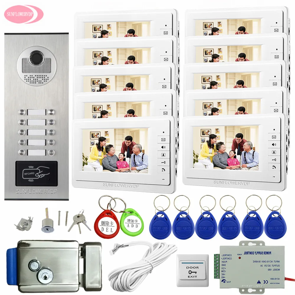 Residential Security Intercom Video Doorbell Outdoor Intercom 10 Buttons Door Phone System + Electronic Door Lock House Intercom