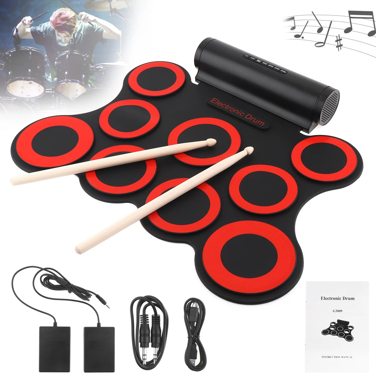 

9 Pads Electronic Roll up Silicone MIDI Drum Double Speakers Stereo Electric Drum Kit with Drumsticks and Sustain Pedals