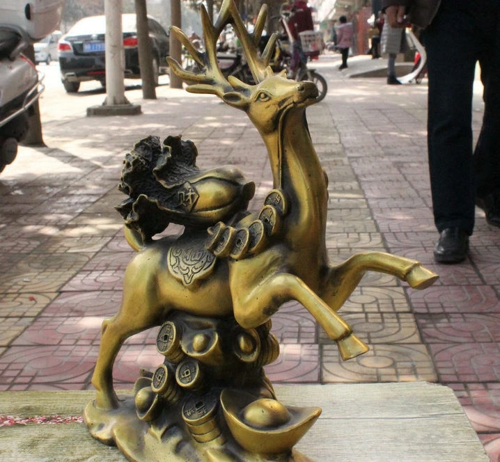 

11" Chinese Pure Bronze Longevity Sika Deer Wealth Cabbage Yuanbao Money statue