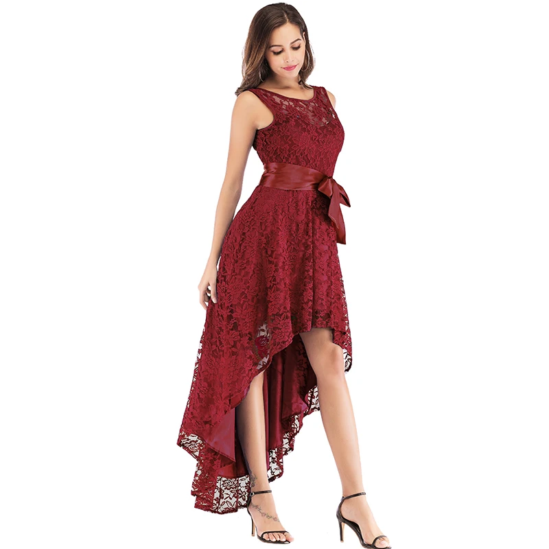 high low sleeveless belted lace dress