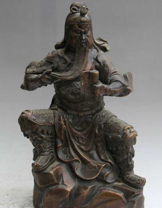

Collectible bronze S2146 16" Chinese Bronze Folk Seat Guan Gong Yu Warrior God knight look book Statue B0403