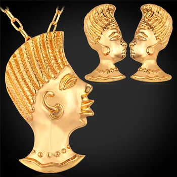 

Africa Vintage Beauty Head Jewelry Stud Earrings And Pendant Necklace Set For Woman Gold/Silver Color African Jewelry Set PE1154