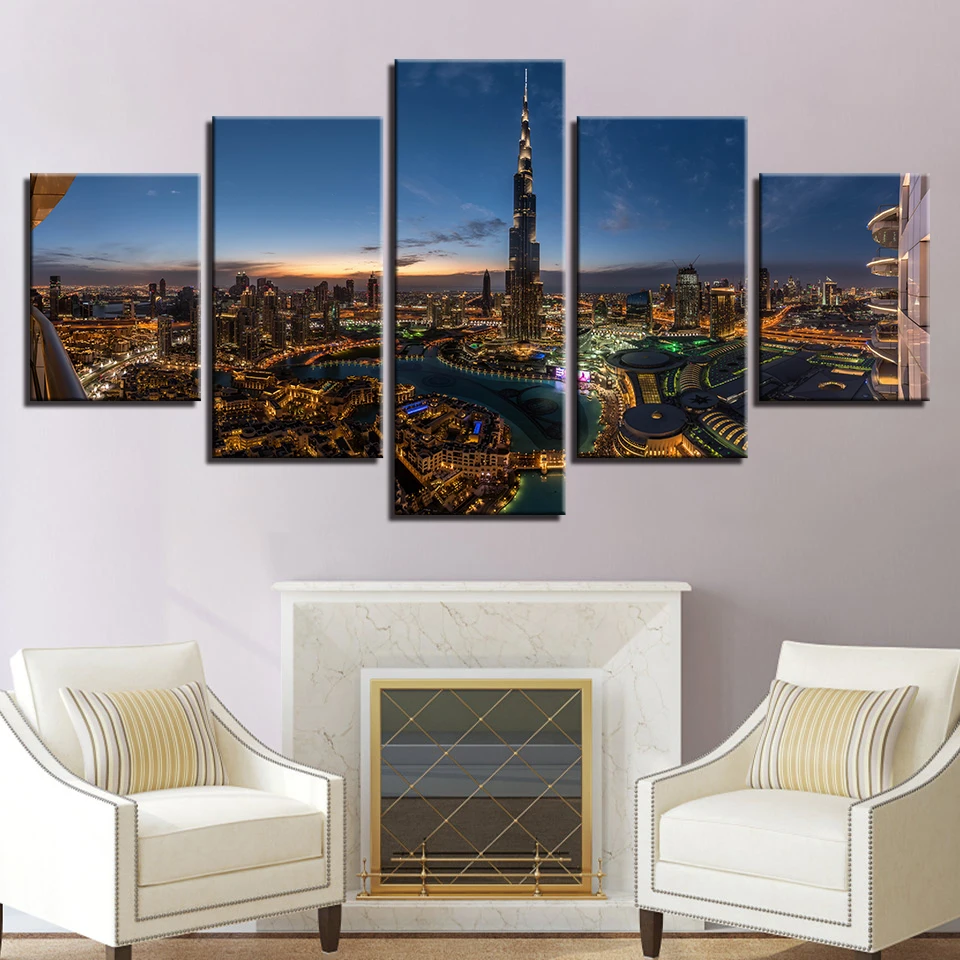 

Decoration Modern Home Living Room Printing 5 Pieces City Building Scenery Poster Painting Frame Modular Canvas Picture Wall Art