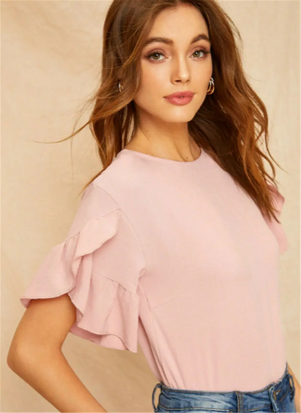 

2019 Summer Ladies Women Blouse Casual Short Ruffle Sleeve O-Neck Pink Tops Loose Solid Shirt Pullover Top