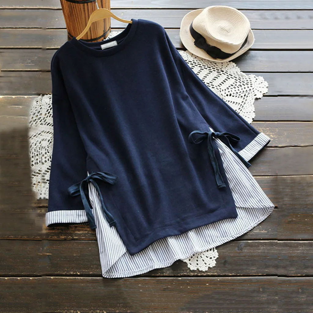 

Feitong Women Blouse Long Sleeve Fake Two Pieces Stripe Patchwork Bandage Casual Blouses Damen Blusen Women's Summer Blouse