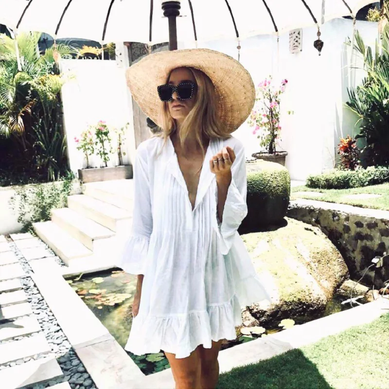 

Women Summer Boho Dress Cotton Beach Cover Up Dresses White Swimsuit Cover Up Beachwear