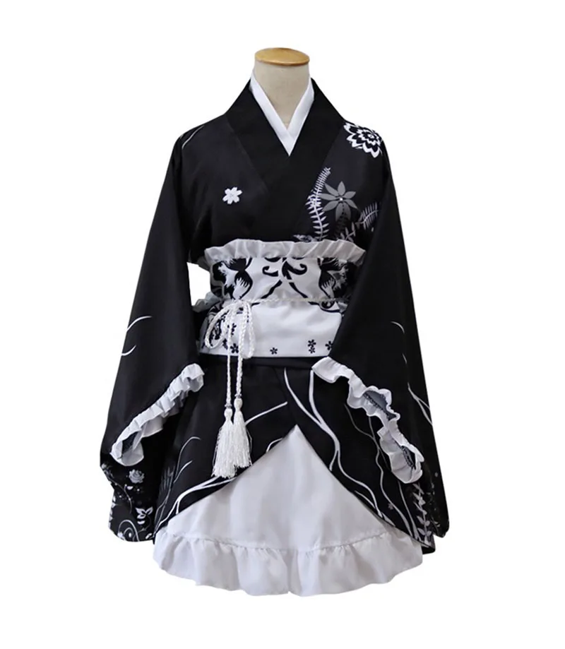 Japanese Anime Lolita Maid Costume Women Black Kimono Short Black Yukata Wrap Dress Long Sleeves Cosplay Bathrobe For Lady Girls Lolita Maid Maid Costumeblack Costume Aliexpress