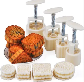 

4pcs Round Flower Mooncake Mold Hand Pressure Fondant Moon Cake Decoration Tools Cookie Cutter Pastry Baking Tool