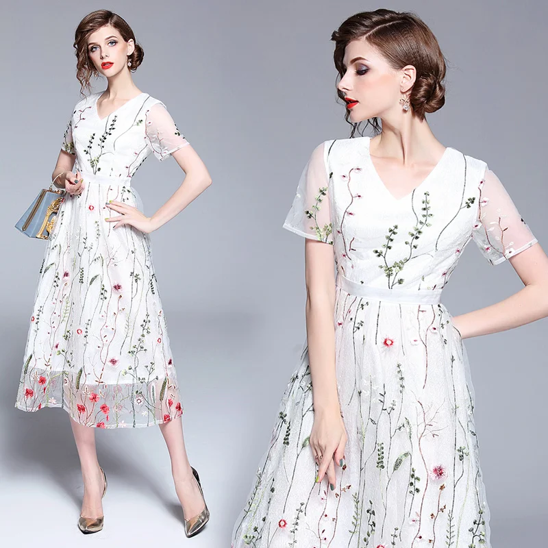 

Runway 2019 Evening Party Dresses Gorgeous Short Sleeves Mesh Embroidery Boho Bohemian Long Dress Summer Style