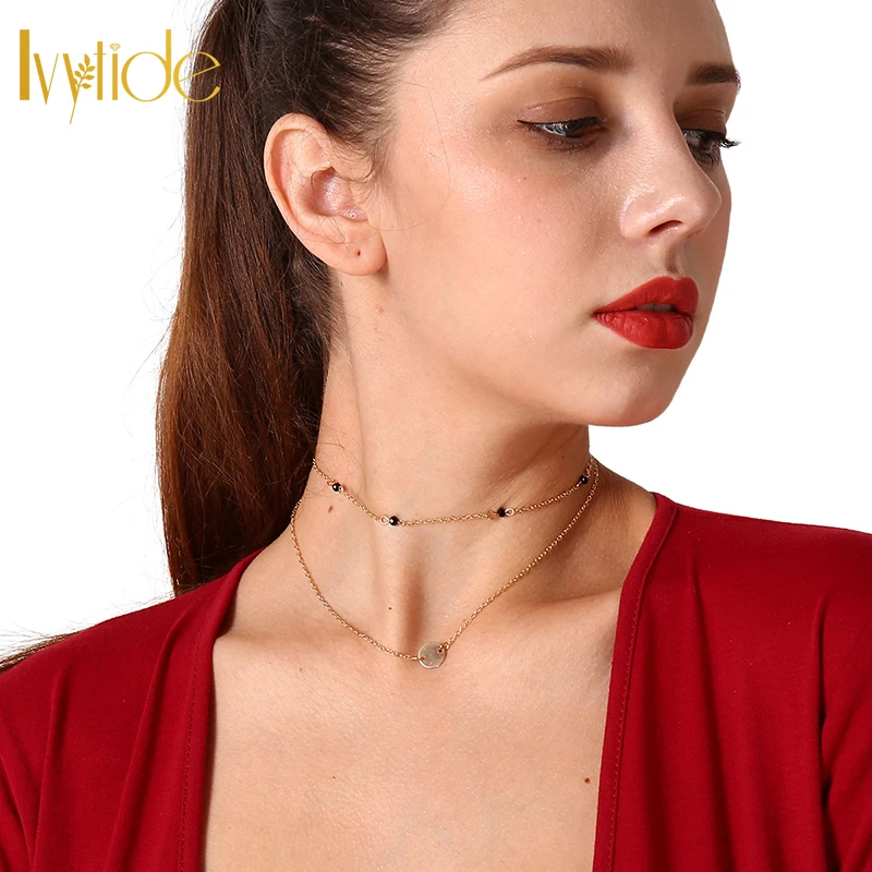 Lvytide Choker necklaces Double layer chain beaded chain disc charm