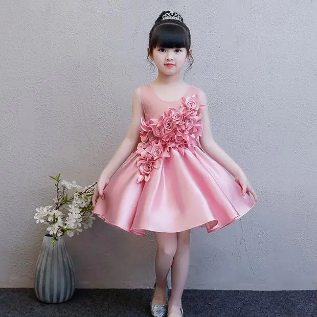 Атласное Бальное Платье нарядное платье для девочек платья до колена с цветочным узором для девочек платье-пачка принцессы без рукавов с аппликацией для детей DF65