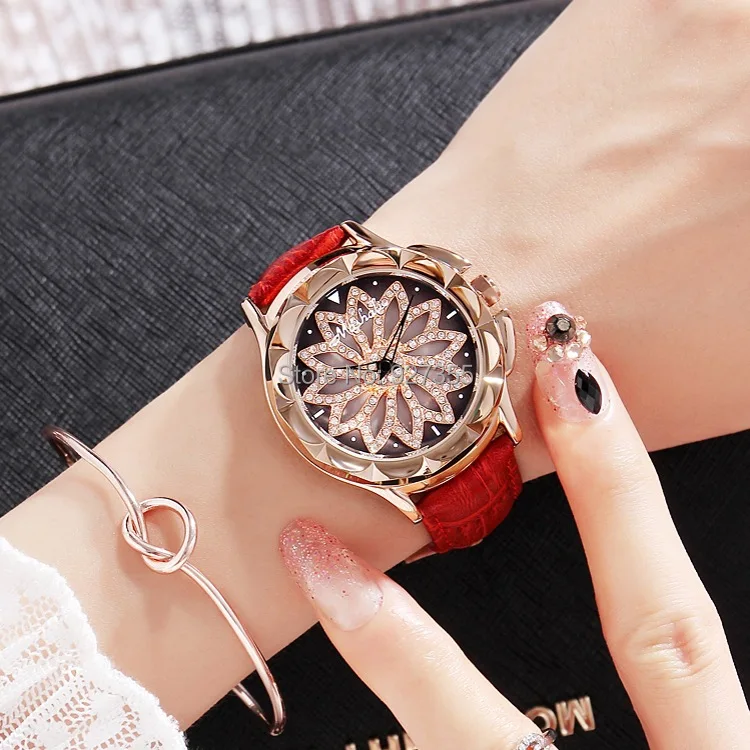

Fashion Women Rotation Dress Watch Top Quality Female Stainless Steel Quartz Watches Luxury Lady Leather Band Rose Gold Watch