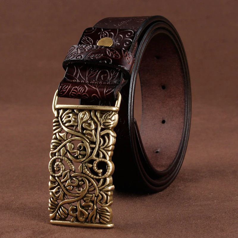 Wide leather belt women vintage floral pin buckle woman belt jeans strap  (belt length: 115 cm, colour: brown small flower)