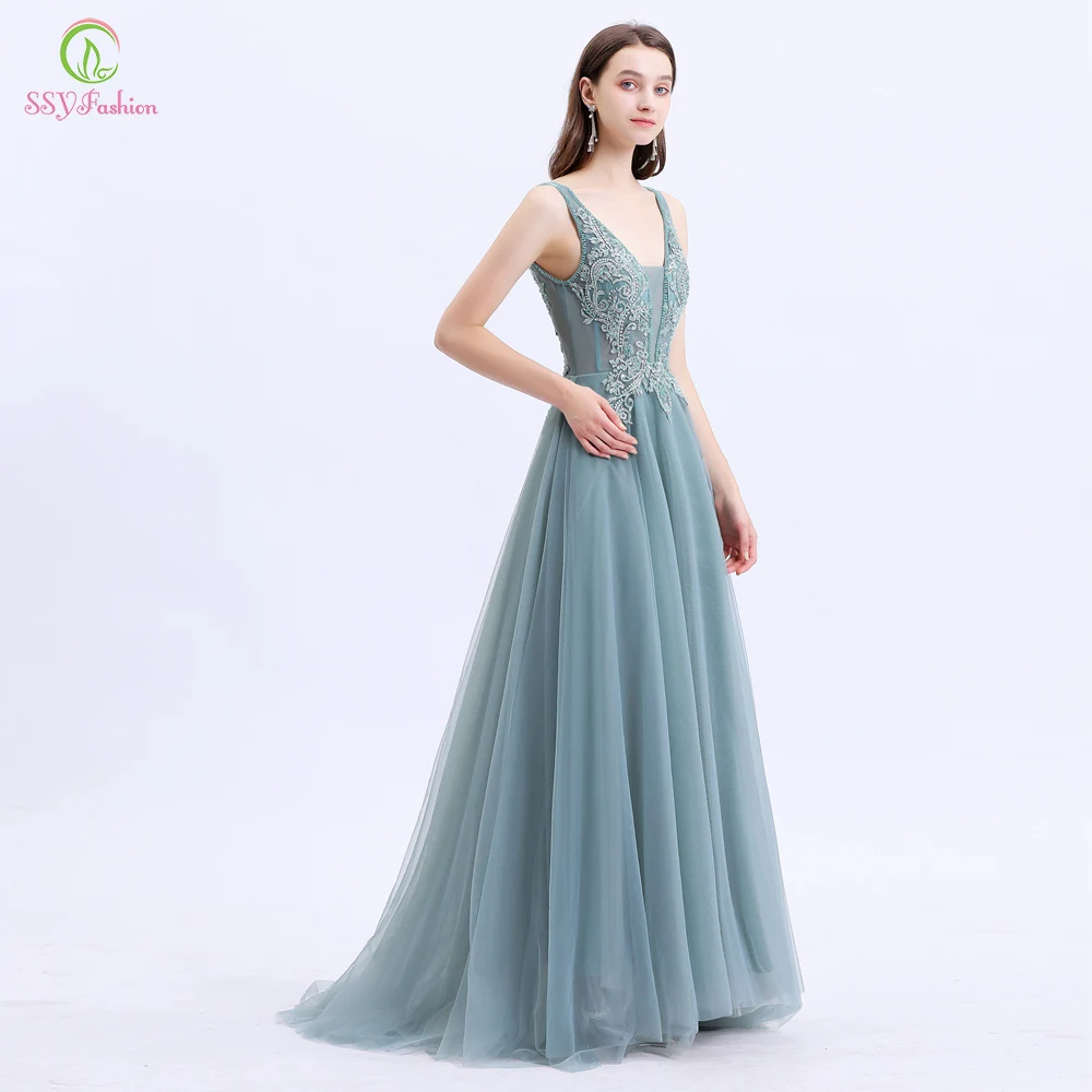 Ceny SSYFashion nowy Vestido De Noche kobiety bankiet elegancka suknia wieczorowa dekolt koronkowe aplikacje z koralikami długie suknie na oficjalne okazje