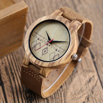 

Creative Rhombus Dial Handmade Wooden Watch Quartz Womens Genuine Leather Band Strap Bamboo Dress Wristwatch relogio feminino