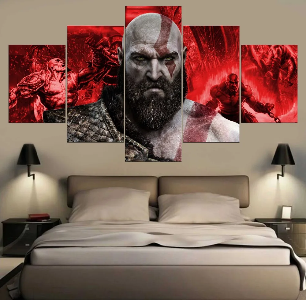 

Modern Decorations God War Canvas Art 5 Pieces Home Decor Artwork HD Pirnt Kratos Picture Poster Wall Art In Living Room Framed