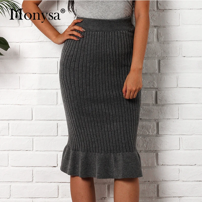 

High Waist Pencil Skirts Womens 2018 Autumn Winter New Fashion Ruffle Knitted Skirt Women Casual Knee Length Skirt Black Gray