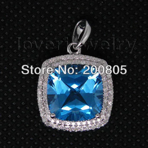 

Vintage Cushion 12mm 14Kt White Gold Diamond Dark Blue Topaz Pendant 2T018