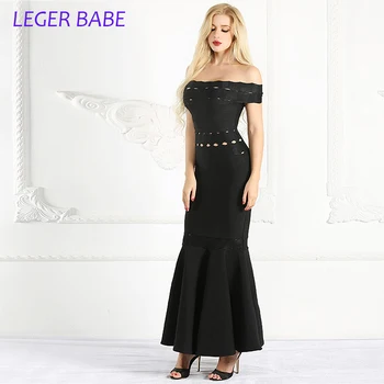 

Leger Babe 2019 Hot Selling Long Party Gown Evening Prom Bandage Dress Hollow Out Slash Neck Maxi Dresses Party Elegance Black