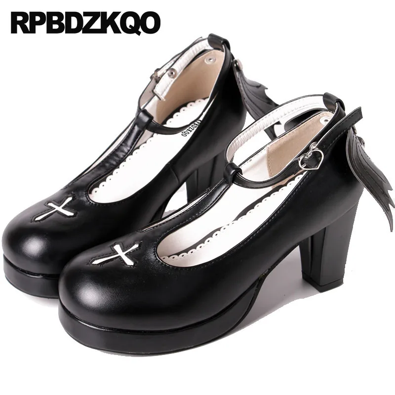 

Lolita Fashion Shoes 2018 High Heels Thick Size 4 34 Pumps 3 Inch Japanese Black Angel Kawaii Ladies Round Toe T Strap Wing