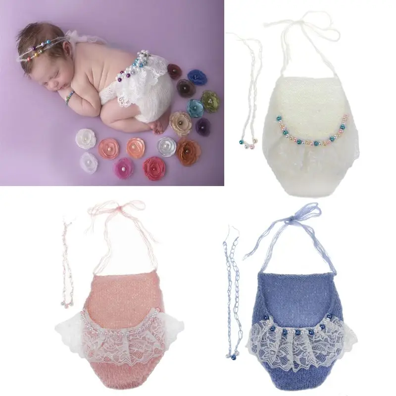 

Newborn Photography Props Mohair Pearl Headband and Mohair Pants Set Baby Photo Accessories