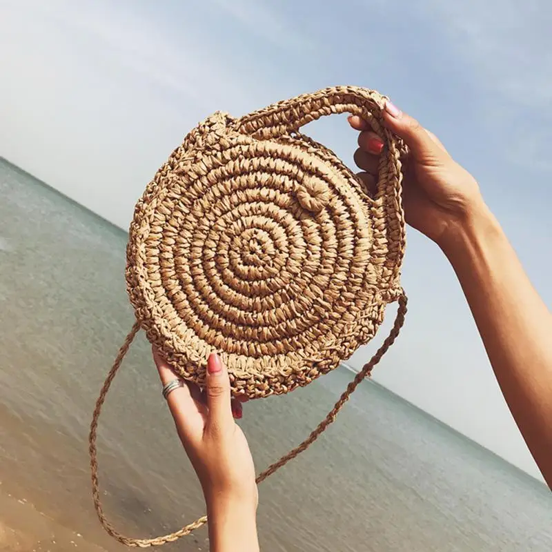 

Handmade Round Straw Bags Rattan Woven Lady's Handbag Straw Knit Summer Beach Bag Woman Shoulder Messenger Bag Khaki Beige Tote