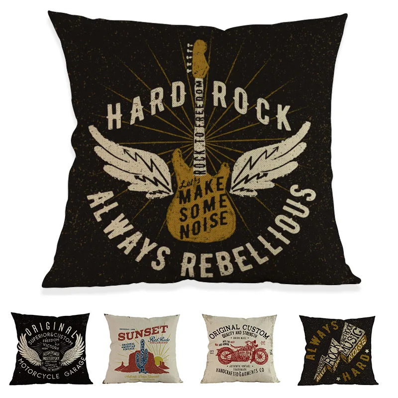 Classical Rock And Roll In Western Motorcycle Guitar Wings Hard Rebellious Letters PillowCase Home Decorative Cushion Cover | Дом и сад