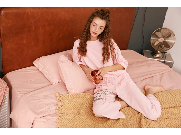 ELFSACK, Осенние новые пижамные комплекты, женские милые хлопковые комплекты с буквенным принтом и круглым вырезом, женские комплекты из 2 предметов, женские футболки с длинным рукавом и штаны