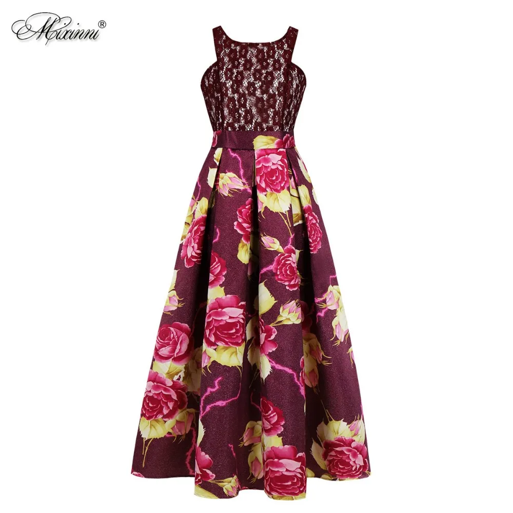 

MIXINNI 50s 60s Lace Printed Square collar Vintage Elegant Dress Slim Waist party Vestidos Mujer Plus Size dropshipping