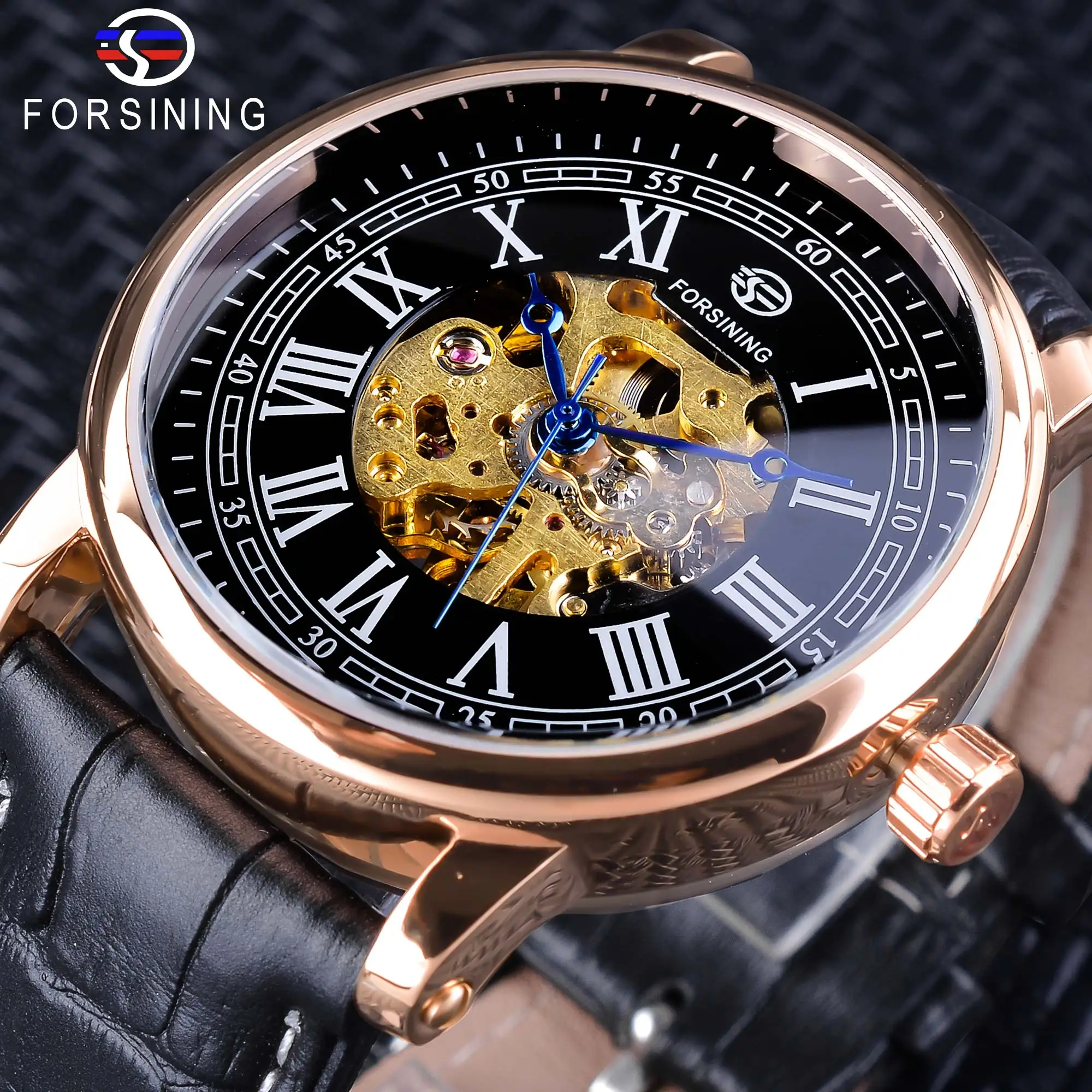

Forsining Blue Hands Design Skeleton Rose Golden Clock Men's Automatic Watches Top Brand Luxury Black Genuine Leather Band Clock