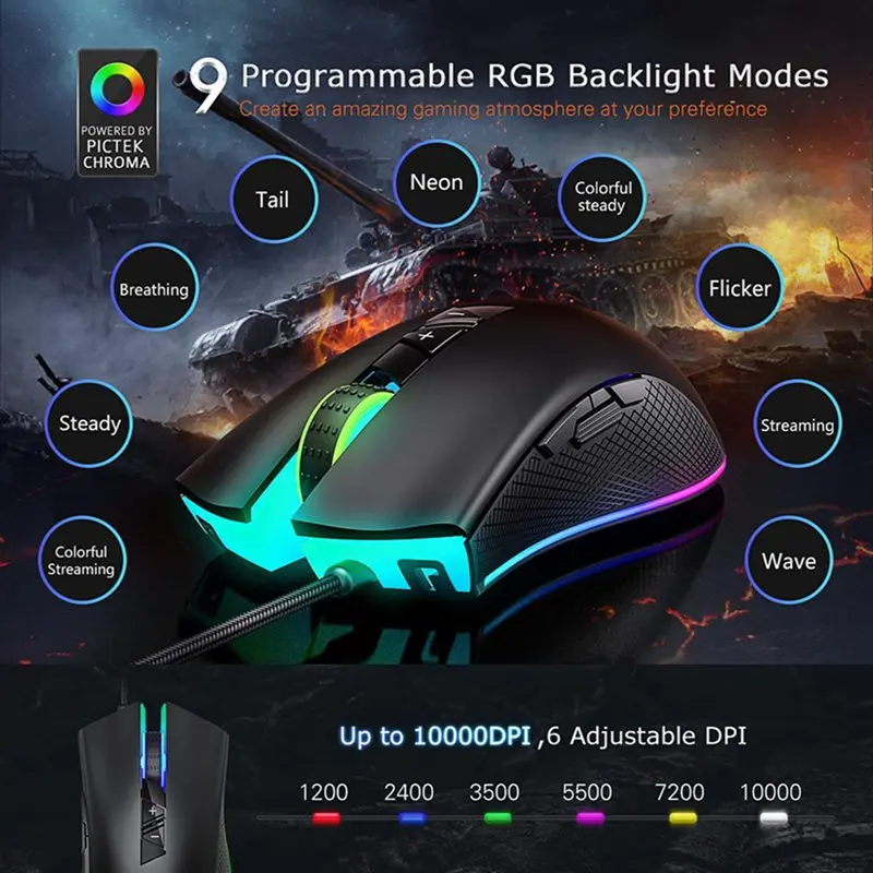 VicTsing Проводная игровая мышь регулируемая 8 программируемых кнопок 10000 dpi Chroma RGB с подсветкой эргономичная оптическая компьютерная игровая мышь