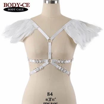 

Sexy Goth Feather Epaulettes White Angel Wings BurningMan Body Harness Bondage Shoulder Tops Steampunk Apparel Wedding Lingerie