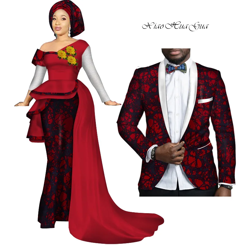 

African Couple Clothes Women Dress Men Blazer Bazin Riche African Print Patchwork Evening Party Dresses Blazers Lovers WYQ278