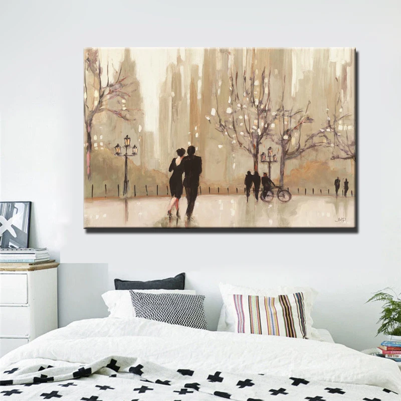

Modern Abstract Canvas Painting City Romantic Landscape Wall Art Poster Lovers Walks Prints On Canvas for Living Room Home Decor