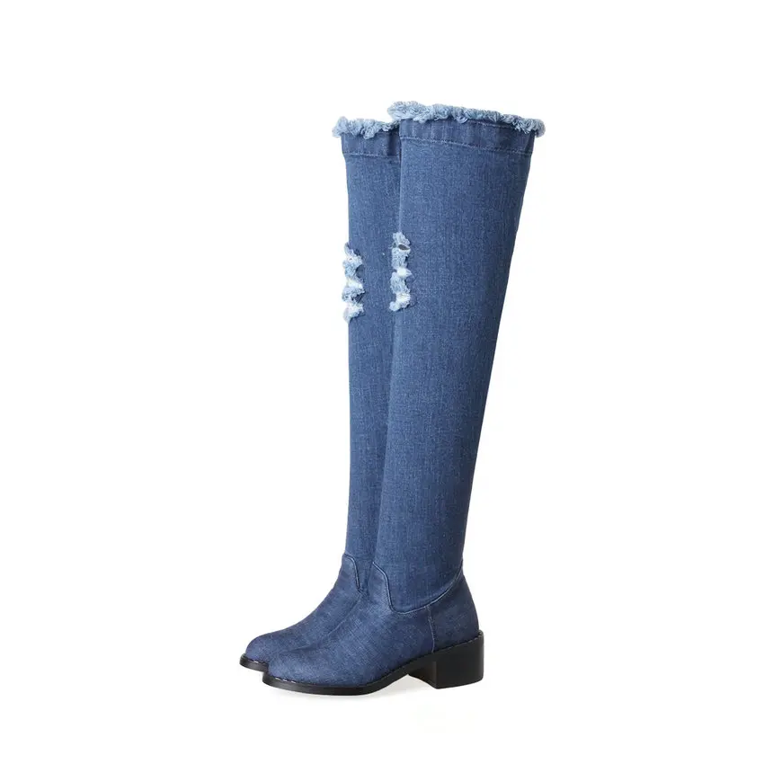 ESVEVA/ г. Джинсовые женские ботинки синие вечерние Сапоги выше колена пикантные осенние женские модные сапоги на среднем квадратном каблуке размеры 34-43 - Цвет: front  broken-hole