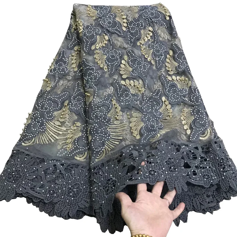 

( 5yards/pc) high quality laser cut embroidered African French net lace fabric with lots of beads stones for party dress FLV09