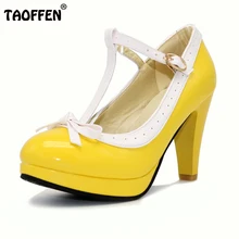 TAOFFEN Plus Size 32-48 Women Summer high heels shoes Woman t-strap bowknot pumps lady platform daily work dress Footwear