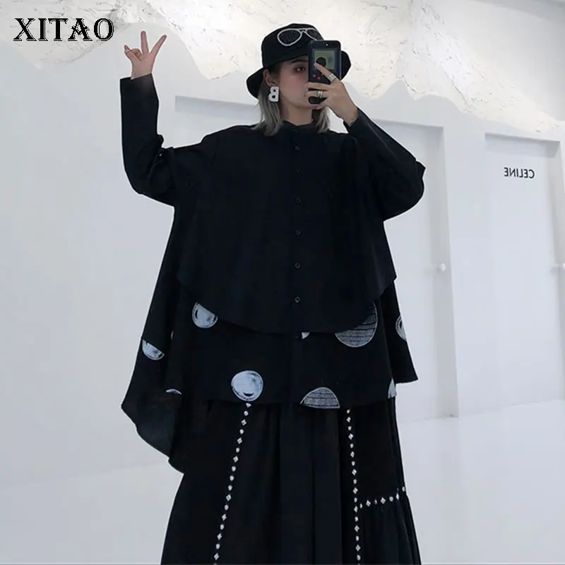 XITAO Асимметричная Лоскутная черная блузка в горошек женская одежда 2019 Мода стоячий воротник подходит ко всем рубашкам Кнопка Осень Новый
