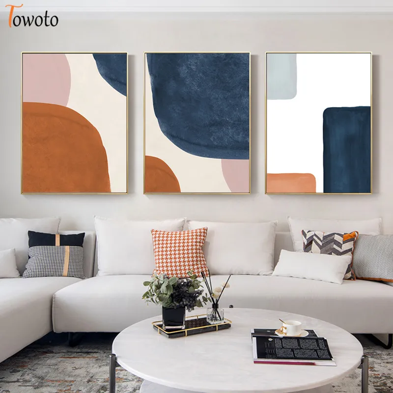 

Geometric Print Abstract Canvas Painting Giclee Poster Rust Navy Wall Art Mid Century Decorative Wall Pictures for Living Room
